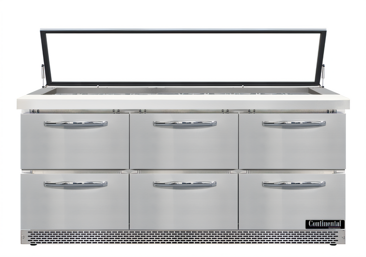 Product image #1 for Continental Refrigerator Mighty Top 72" Three-Section Sandwich Unit Refrigerator with Hinged Glass Lid, Front Breather, and 6 Drawers