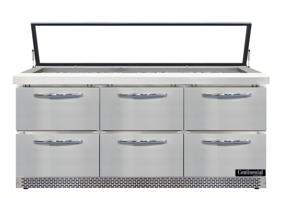 Product image #1 for Continental Refrigerator Mighty Top 72" Three-Section Sandwich Unit Refrigerator with Hinged Glass Lid, Front Breather, and 6 Drawers