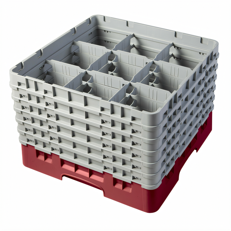 Product image #2 for Cambro Camrack® Full-Size 9-Compartment Glass Rack with 6 Soft Gray Extenders, Cranberry