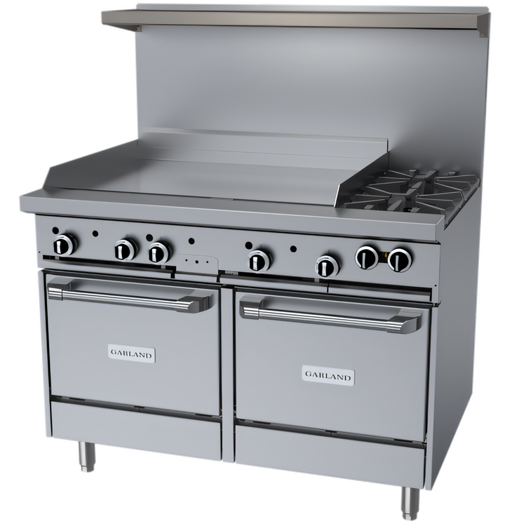 Product image #1 for Garland G Starfire Pro 48" Gas Restaurant Range with 2 Open Burners, 36" Griddle, and 2 Space-Saver Ovens