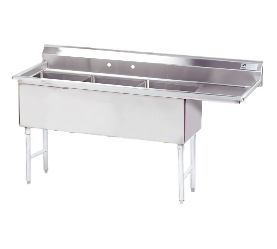 Product image #1 for Advance Tabco 3-Compartment Fabricated Sink with Right-Hand Drainboard, 24 x 30 x 14-Inch Bowls, 14-Gauge 304 Stainless Steel