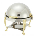 Thumbnail image #2 for Winco Vintage 308A 6-Quart Round Roll-Top Chafer, 18/10 Stainless Steel, Mirror Finish, Gold-Plated Brass Handles and Legs