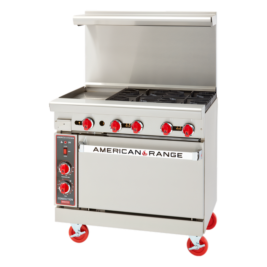Product image #1 for American Range 36-Inch Commercial Gas Restaurant Range with Left 12-Inch Griddle, 4 Open Burners, and Storage Base