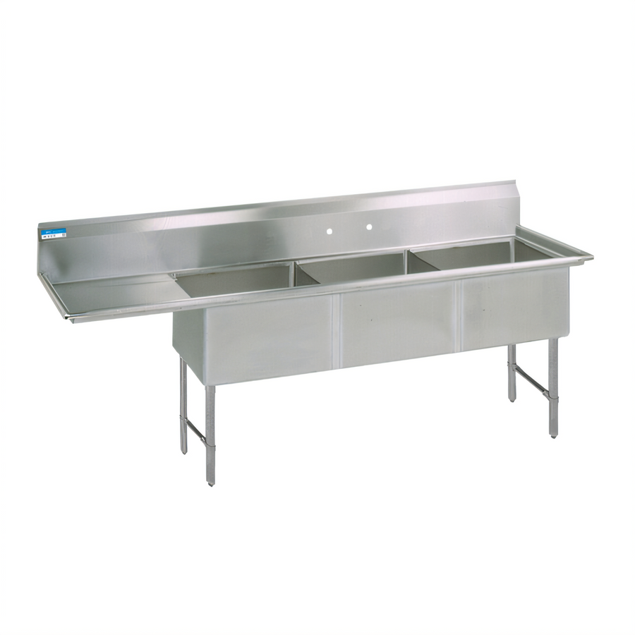 Product image #1 for BK Resources Three-Compartment Stainless Steel Sink with Left Drainboard, 18 x 18 x 14 Bowls