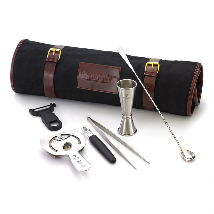 Product image #1 for Barfly Essentials 7-Piece Stainless Steel Mixology Set with Waxed Canvas Gear Roll