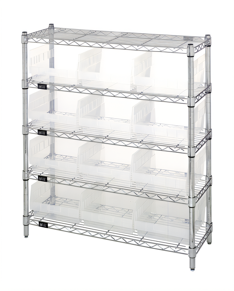 Product image #1 for Quantum Bin Wire Shelving Center with 5 Shelves and 12 Clear Bins, 12" D x 36" W x 39" H, Chrome-Plated