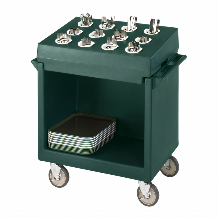 Product image #1 for Cambro Tray & Dish Cart with Detachable 12-Compartment Cutlery Rack, Granite Green