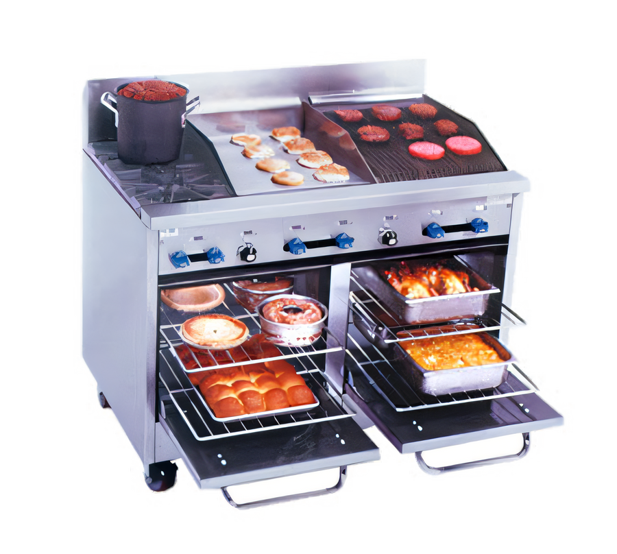 Product image #1 for Comstock-Castle 48-Inch Commercial Gas Range with 2 Open Burners, 18-Inch Griddle, 18-Inch Char-Broiler, and Dual Space-Saver Ovens