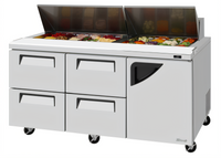 Turbo Air Super Deluxe 72 5/8-Inch Three-Section Sandwich/Salad Prep Table with 18-Pan Opening, 4 Drawers, and 1 Right-Hinged Door