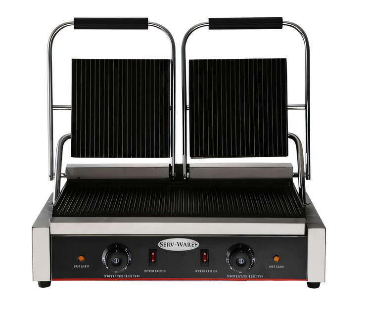Product image #1 for Serv-Ware EPG-200GG Countertop Double Electric Panini Grill with Grooved Cast Iron Plates