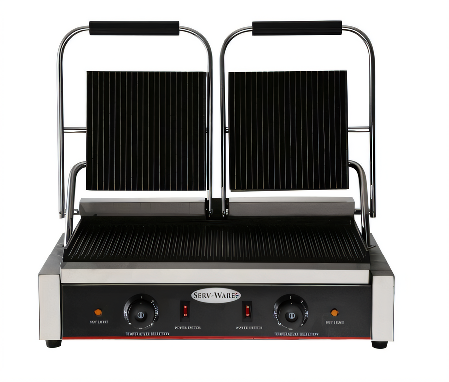 Product image #1 for Serv-Ware EPG-200GG Countertop Double Electric Panini Grill with Grooved Cast Iron Plates
