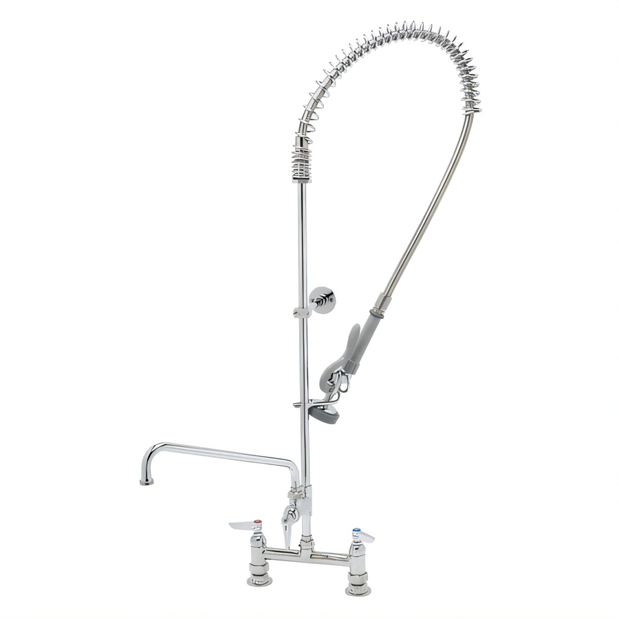Product image #1 for T&S Brass EasyInstall Deck-Mount Pre-Rinse Unit with Add-On Faucet, 8-Inch Adjustable Centers, 12-Inch Swing Spout, and 44-Inch Hose