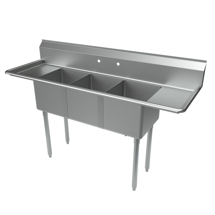 Product image #1 for BK Resources Economy Freestanding 3-Compartment Stainless Steel Sink with Dual 12-Inch Drainboards