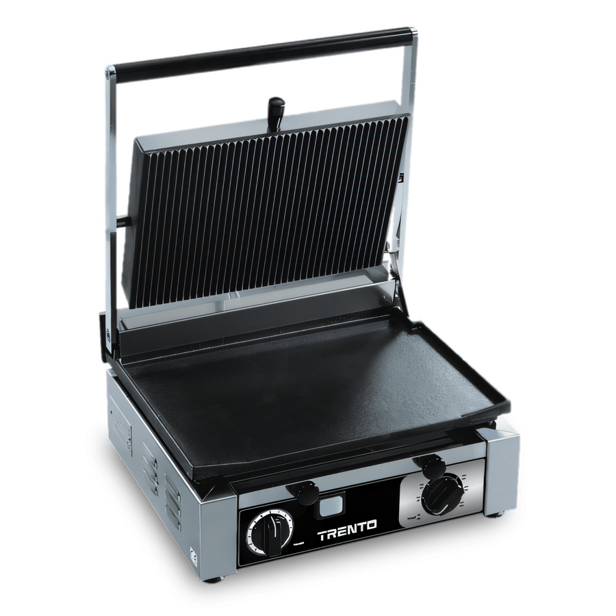 Product image #1 for Trento Single Countertop Panini Grill with Ribbed Top and Smooth Bottom, 15 x 10 Inch Cast Iron Cooking Surface, 120V