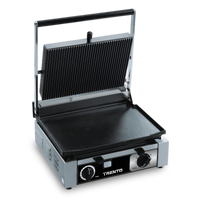 Trento Single Countertop Panini Grill with Ribbed Top and Smooth Bottom, 15 x 10 Inch Cast Iron Cooking Surface, 120V