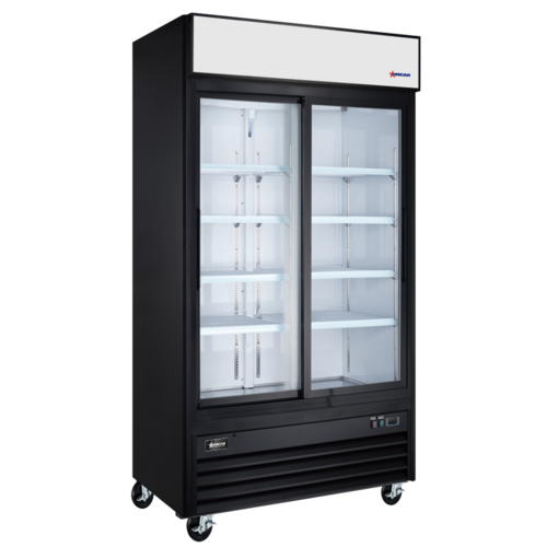 Product image #1 for Omcan 40-Inch Wide 2-Section Bottom-Mount Glass Door Merchandiser Refrigerator, 31.5 Cu. Ft., Stainless Steel/Black, 115V