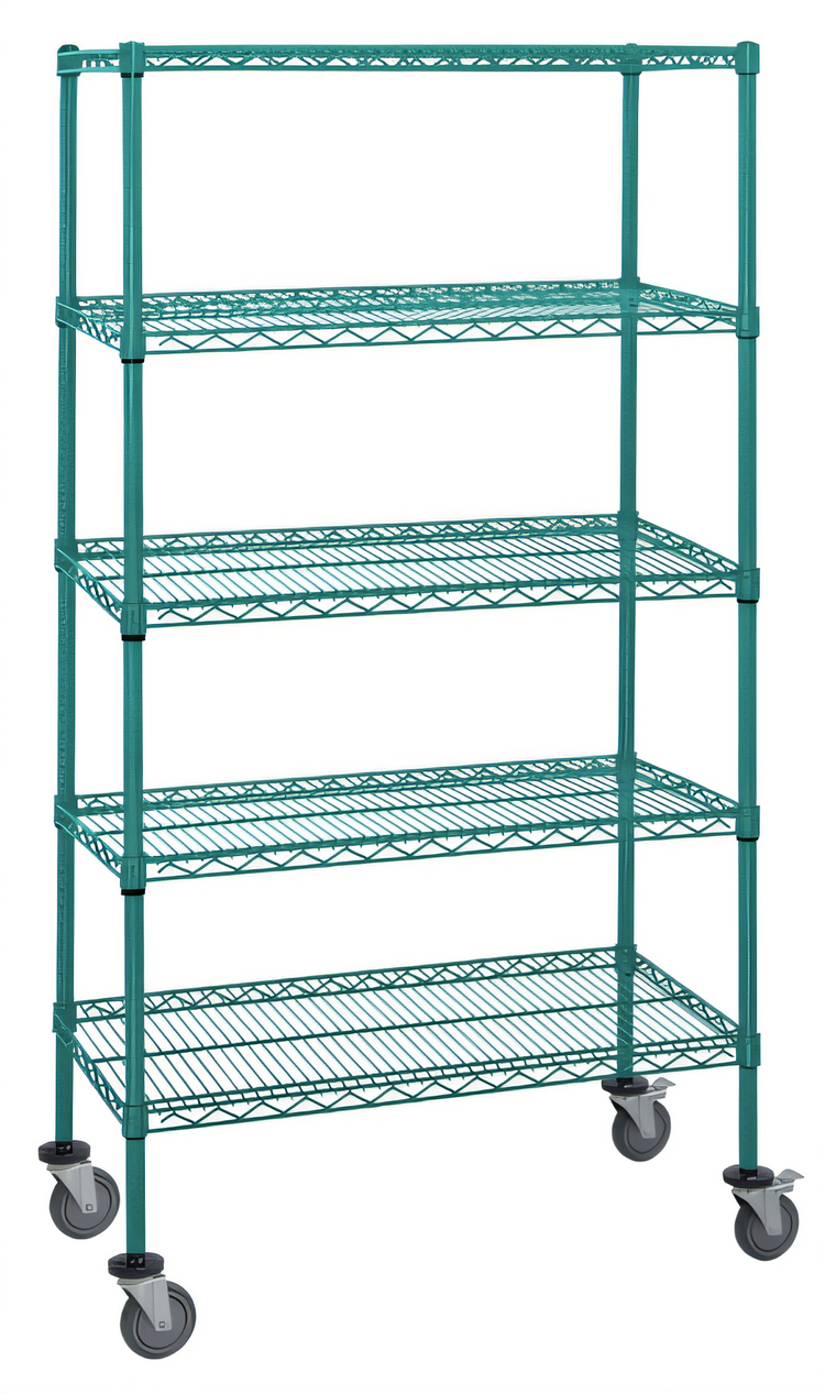Product image #1 for Quantum Mobile Wire Shelving Cart, 60 x 24 x 80 Inches, 5 Shelves, Green Epoxy Coated