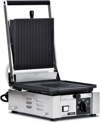Trento Single Countertop Electric Panini Press with 10 x 9 Inch Ribbed Cast Iron Plates