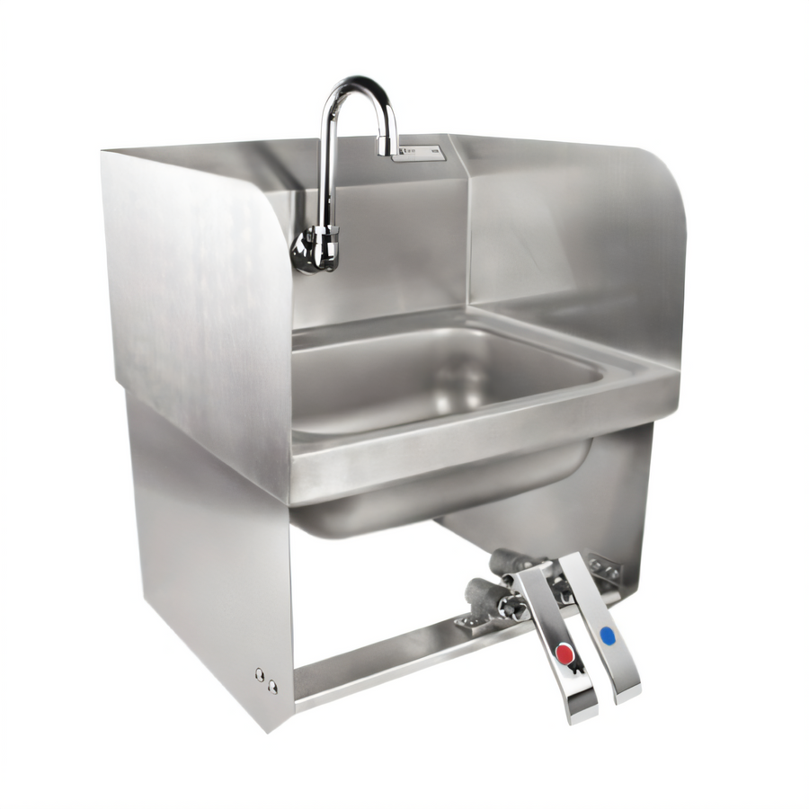 Product image #1 for John Boos Pro-Bowl Wall-Mount Stainless Steel Hand Wash Sink with Double Knee Valves, Side Splashes, and Gooseneck Spout