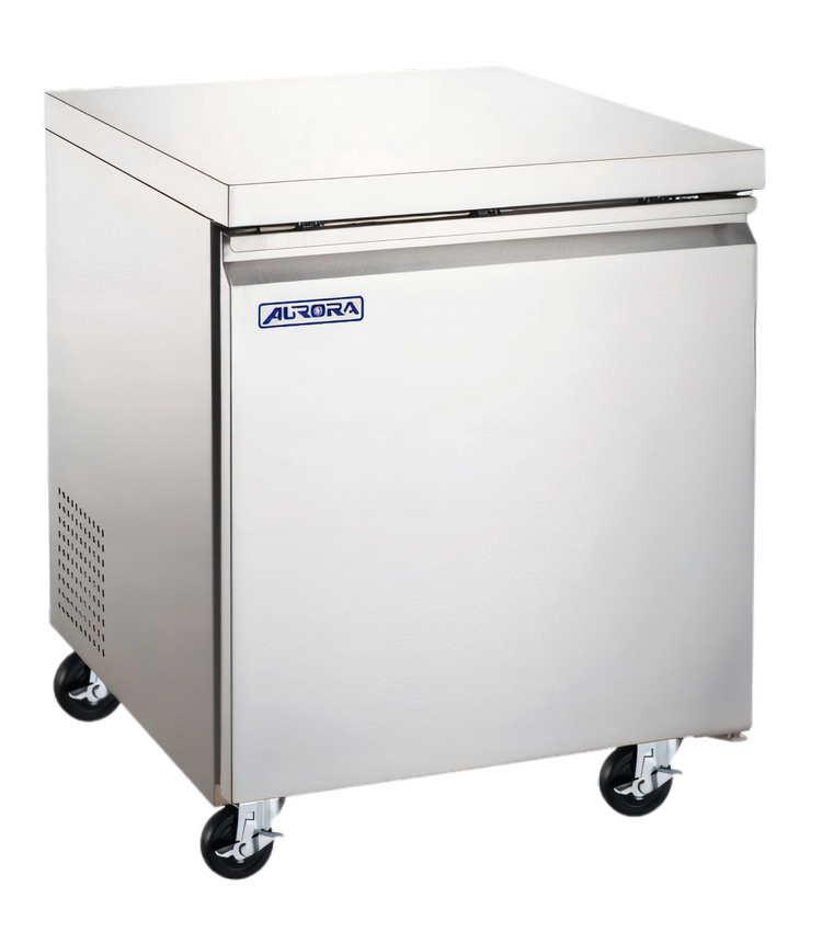 Product image #1 for Aurora 27-Inch Undercounter Reach-In Refrigerator, 1-Section, 6.3 Cu. Ft., Solid Door, Rear-Mounted Self-Contained, Stainless Steel