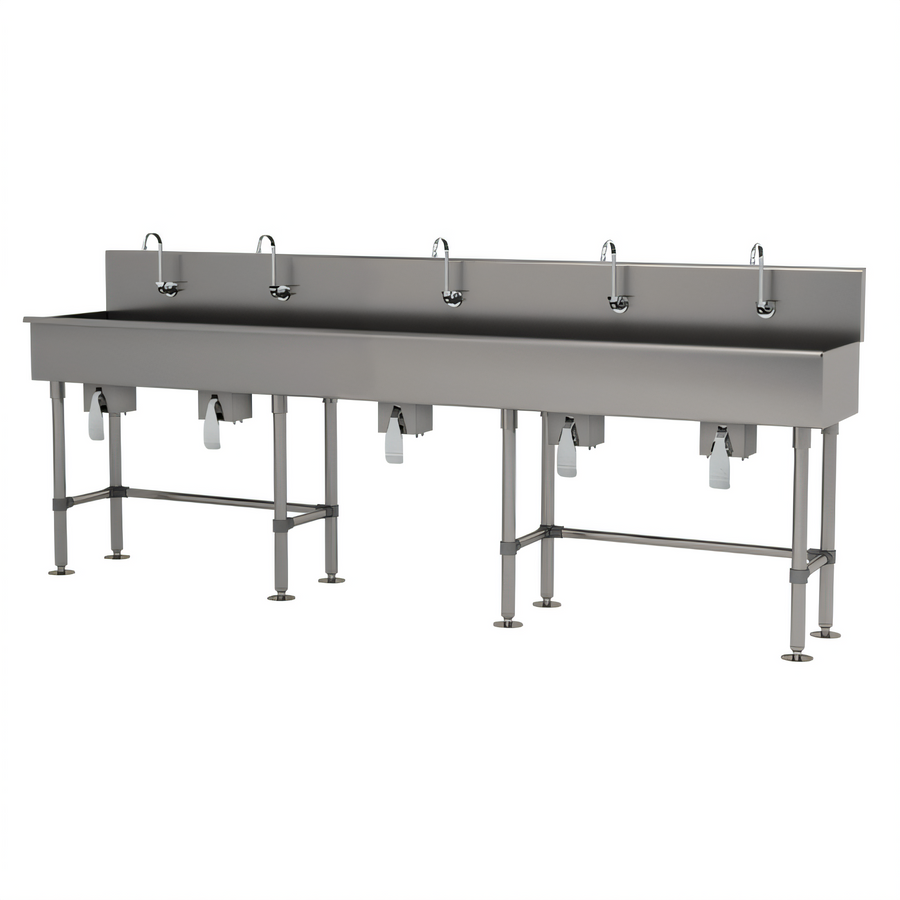 Product image #1 for Advance Tabco 5-Station Freestanding Multiwash Hand Wash Sink with Knee Valve and Gooseneck Faucets, 100 Inch