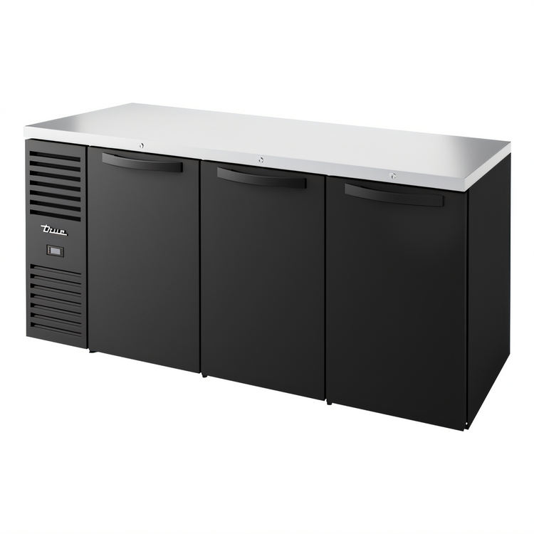 Product image #1 for 72-Inch Three-Section Refrigerated Back Bar Cooler with Solid Hinged Locking Doors and Stainless Steel Countertop