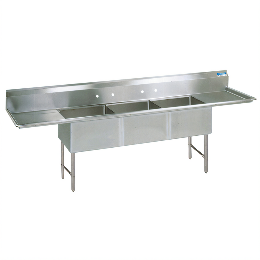 Product image #1 for BK Resources Three-Compartment Double Drainboard Stainless Steel Sink with 24 x 24 x 14 Inch Compartments