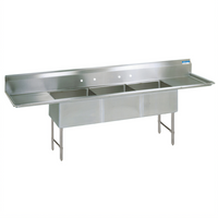 BK Resources Three-Compartment Double Drainboard Stainless Steel Sink with 24 x 24 x 14 Inch Compartments