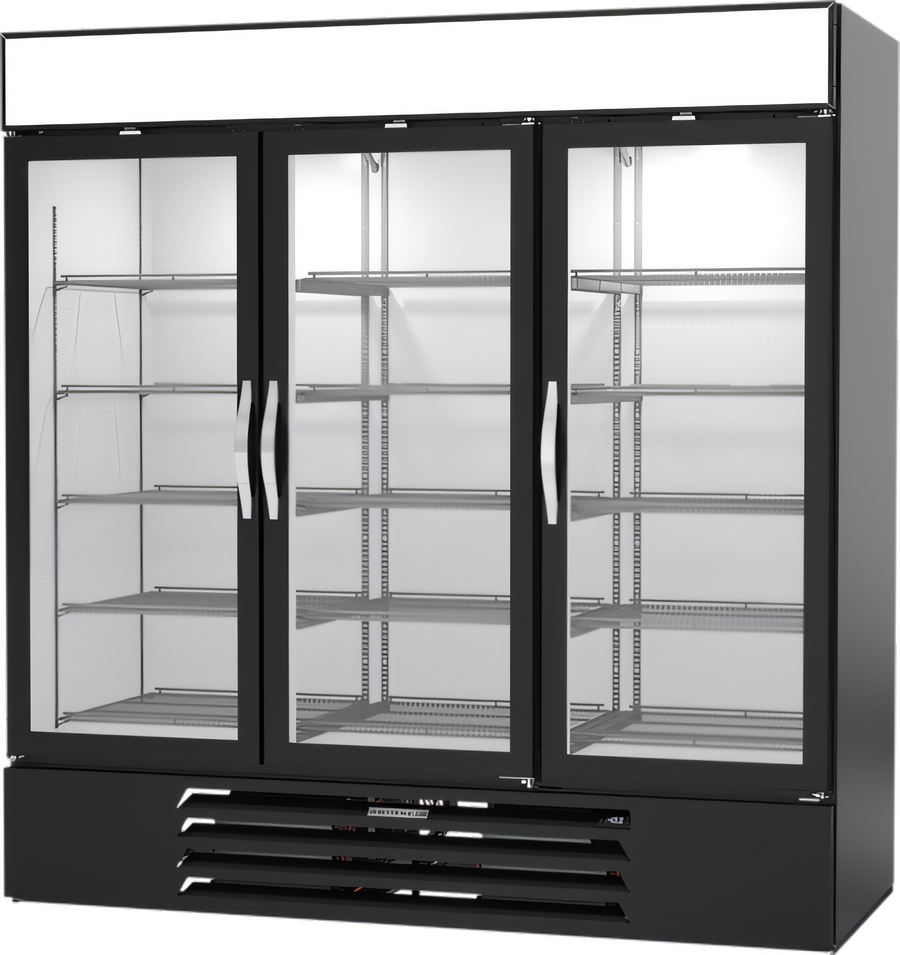 Product image #1 for Beverage-Air MarketMax Three-Section Reach-In Glass Door Freezer Merchandiser, 68.43 Cu. Ft., Bottom-Mounted Self-Contained, Black