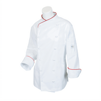 Mercer Culinary Renaissance Women's Scoop Neck Chef Jacket with Red Piping - White, Medium