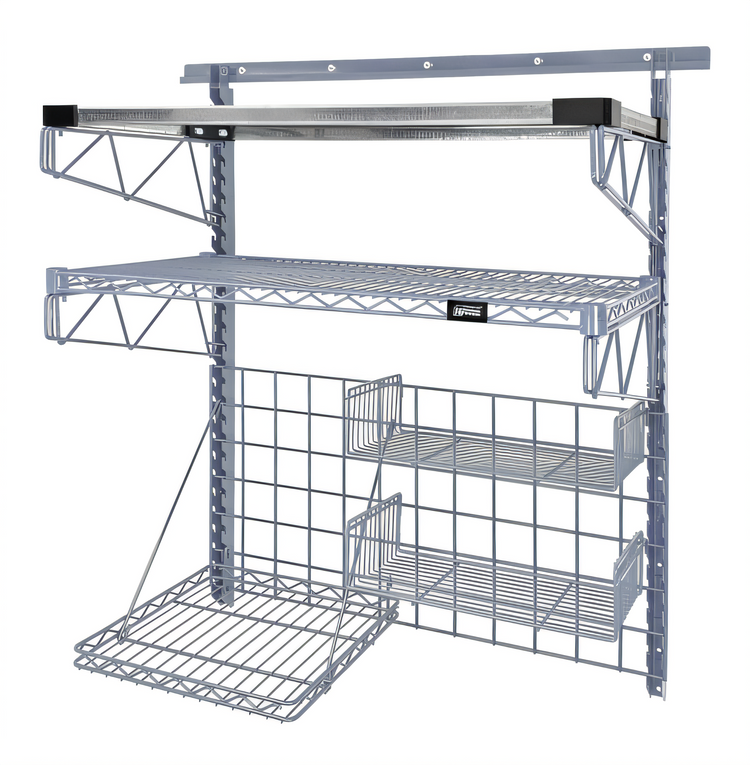 Product image #1 for Quantum Store Grid Medium-Duty Wall-Mount Starter Kit — 40-Inch Wall Track with Shelves & Grid Panel (Gray Epoxy Antimicrobial, NSF)