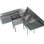Thumbnail image #1 for Klinger's Trading EIT3C2D Corner 3-Compartment 18-Gauge 304 Stainless Steel Sink with 2 Drainboards, 18 x 18 x 12-Inch Bowls