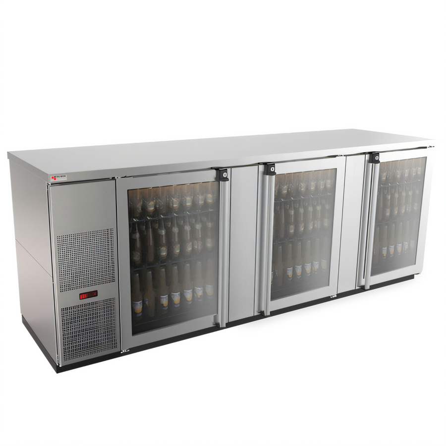 Product image #1 for Pro-Line E-Series Three-Section Stainless Steel Refrigerated Back Bar Cabinet with Glass Doors, 95-1/2 Inch