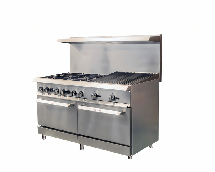 Product image #1 for IKON Cooking 60-Inch Natural Gas Commercial Range with 6 Burners, 24-Inch Radiant Broiler, and 2 Standard Ovens