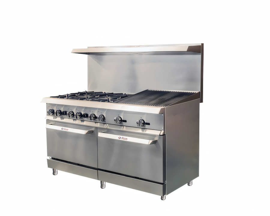 Product image #1 for IKON Cooking 60-Inch Natural Gas Commercial Range with 6 Burners, 24-Inch Radiant Broiler, and 2 Standard Ovens