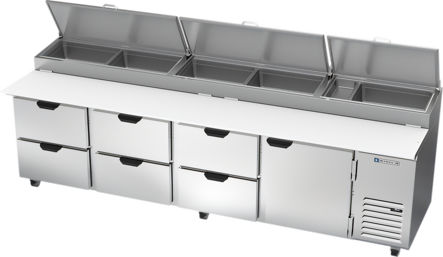 Product image #1 for Beverage Air DPD119HC-6 119-Inch Pizza Top Refrigerated Prep Table with 6 Drawers and 1 Door