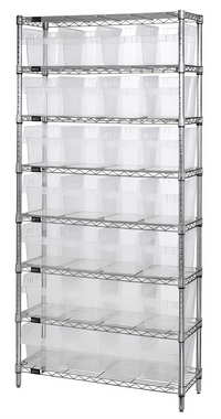 Quantum 36-Inch Wide Chrome Bin Wire Shelving System with 8 Shelves and 28 Clear Bins