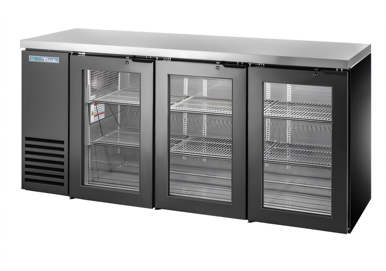 Product image #1 for True Two-Section Three-Door Glass Back Bar Cooler, 72 1/8-Inch, Black Exterior, Self-Contained Side-Mounted