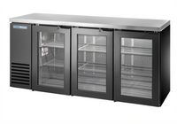 True Two-Section Three-Door Glass Back Bar Cooler, 72 1/8-Inch, Black Exterior, Self-Contained Side-Mounted
