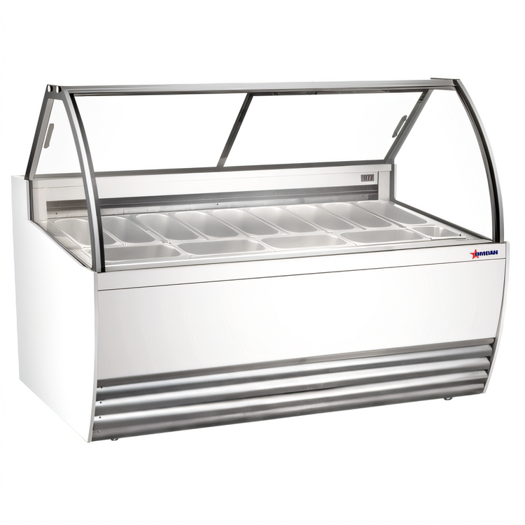 Product image #1 for Omcan White Gelato Display Showcase, 13 Pan Capacity, Curved Front Glass, 69-1/2 Inch Wide