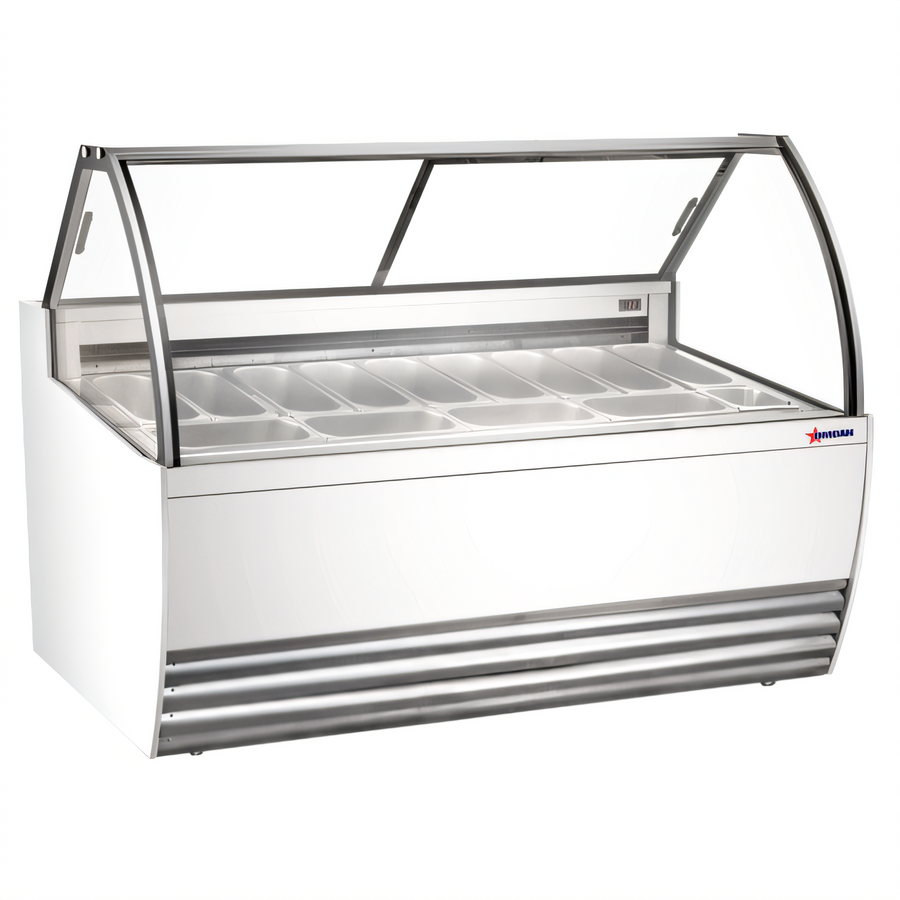 Product image #1 for Omcan White Gelato Display Showcase, 13 Pan Capacity, Curved Front Glass, 69-1/2 Inch Wide