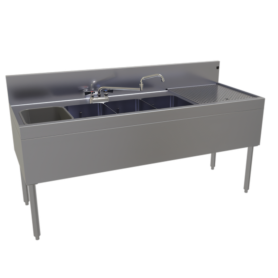 Product image #1 for Glastender Four-Compartment Stainless Steel Underbar Sink Unit with Right Drainboard and Deck-Mount Faucet, 66-Inch x 24-Inch