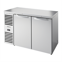 True 52-Inch Two-Section Refrigerated Back Bar Cooler with Stainless Steel Countertop and Solid Locking Doors