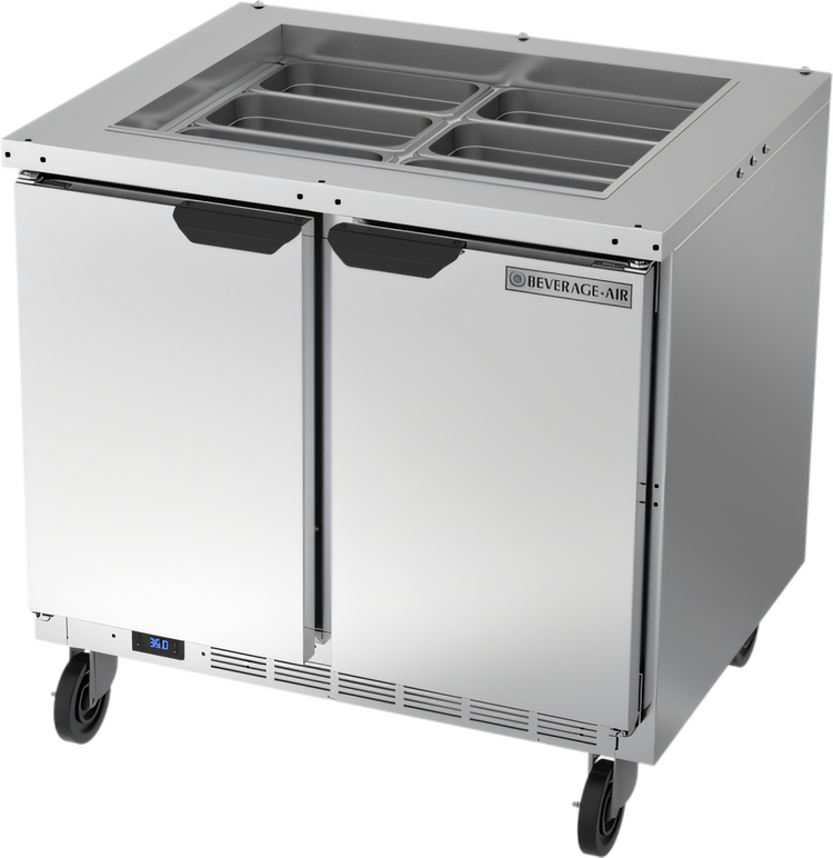 Product image #1 for Beverage-Air SPE36HC-S Two-Section 36-Inch Salad Top Refrigerated Prep Table with Solid Hinged Doors