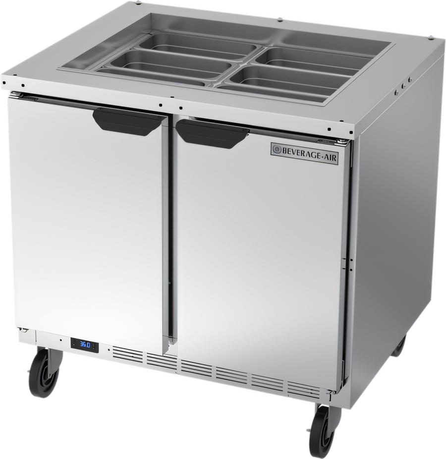 Product image #1 for Beverage-Air SPE36HC-S Two-Section 36-Inch Salad Top Refrigerated Prep Table with Solid Hinged Doors
