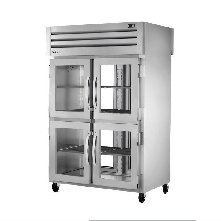 Product image #1 for SPEC SERIES Two-Section Pass-Thru Reach-In Refrigerator with 4 Front Glass Half Doors and 2 Rear Glass Doors
