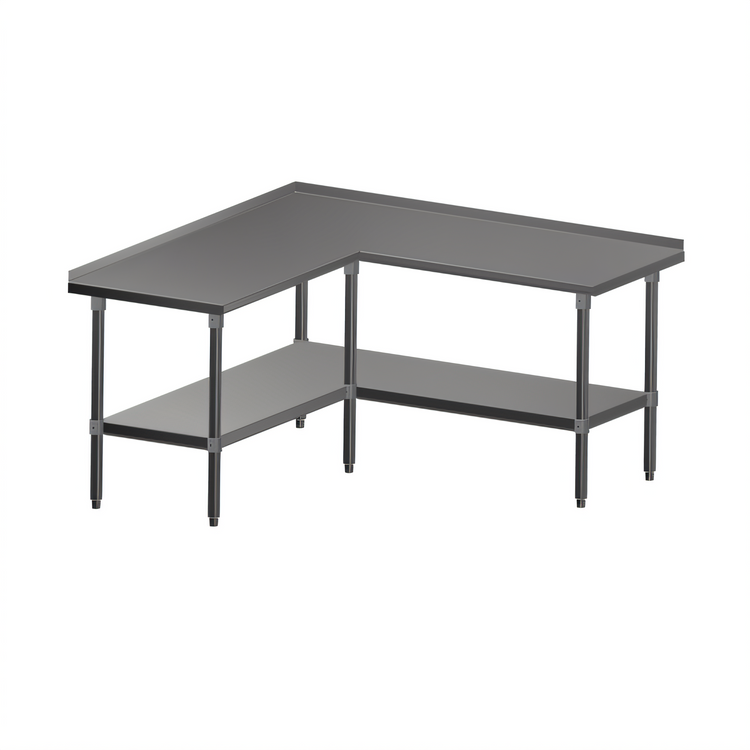 Product image #1 for John Boos L-Shaped Stainless Steel Corner Work Table with 1-1/2 Inch Rear Riser and Adjustable Undershelf