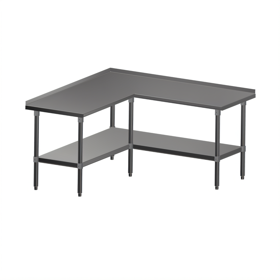 Product image #1 for John Boos L-Shaped Stainless Steel Corner Work Table with 1-1/2 Inch Rear Riser and Adjustable Undershelf