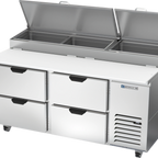 Thumbnail image #1 for Beverage Air DPD67HC-4 67-Inch Two-Section Pizza Prep Table with 4 Drawers, 3-Pan Top and 19-Inch Poly Cutting Board