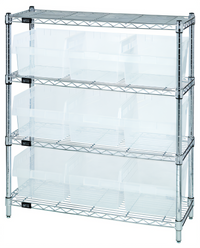Quantum Bin Wire Shelving Center with 4 Shelves and 9 Clear Bins, 36W x 12D x 39H, Chrome Plated
